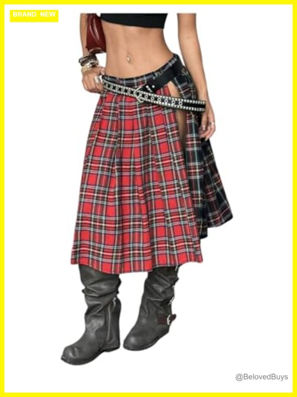 Plaid Asymmetrical Low Waist Pleated Split Y2K Midi Skirt Grunge